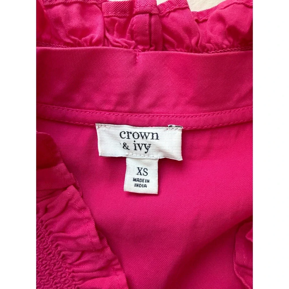 Crown & Ivy XSm Cottagecore Hot‎ Pink Tencel Tiered Ruffle Smocked Midi Dress